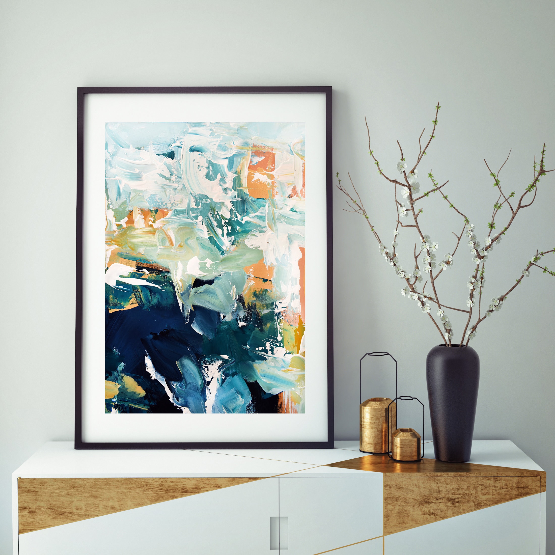Navy Gold Teal Art Print. Abstract Framed Wall Art. Wooden | Etsy