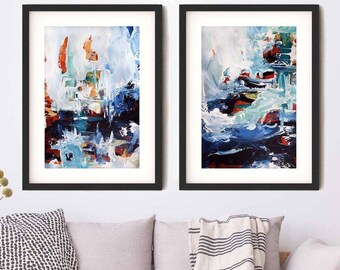 Large Set Of 2 Abstract Contemporary Blue Wall Art Print, Textured Blue Abstract, Framed Art Prints, Colourful Abtsract Framed Art Prints