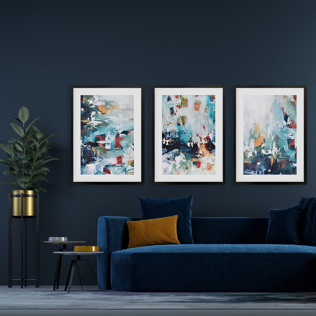 SET OF 3 Framed Art Abstract Print Wall Art, Large Wall Art, Blue ...