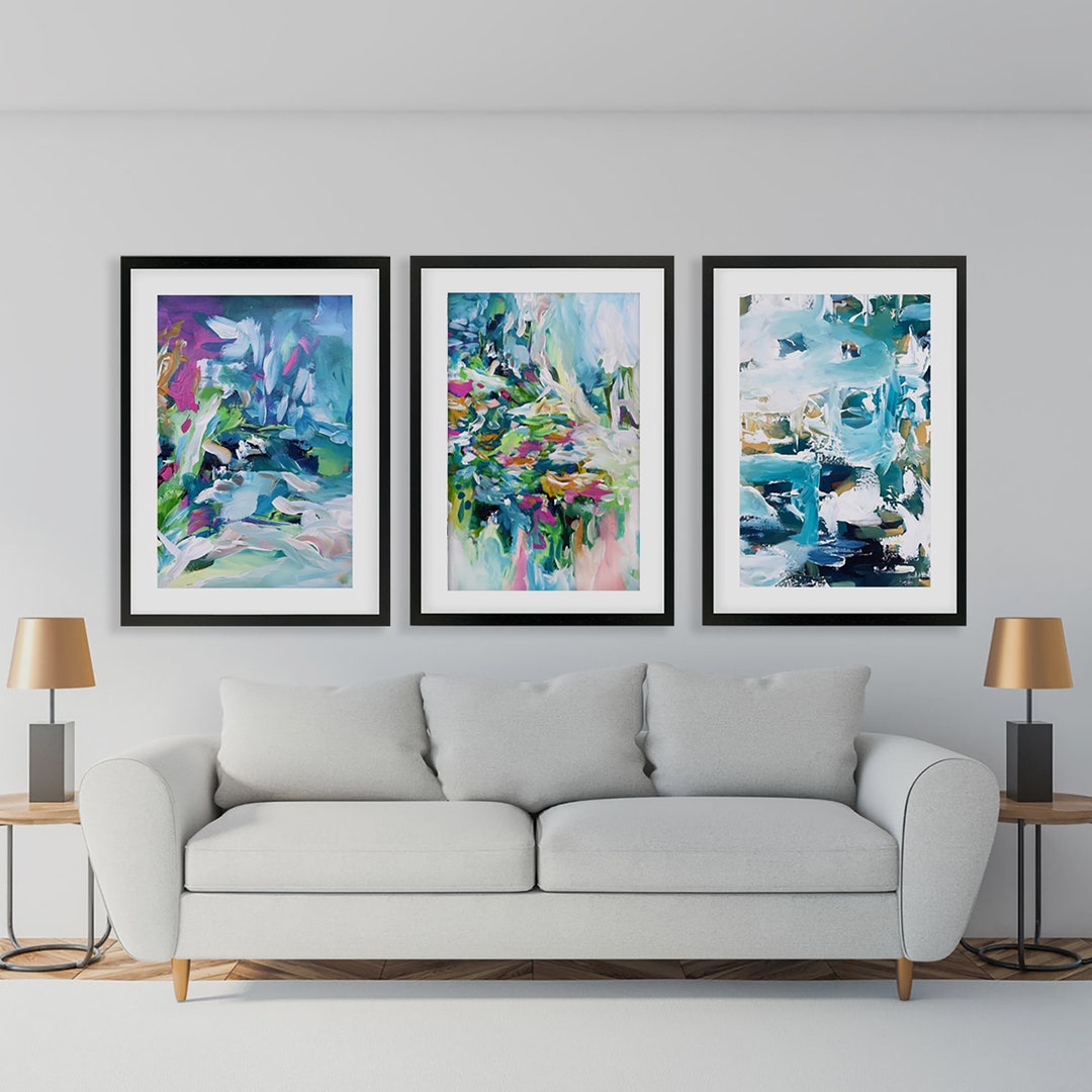 SET OF 3 Wall Art Abstract Print Wall Art, Large Wall Art, Blue ...