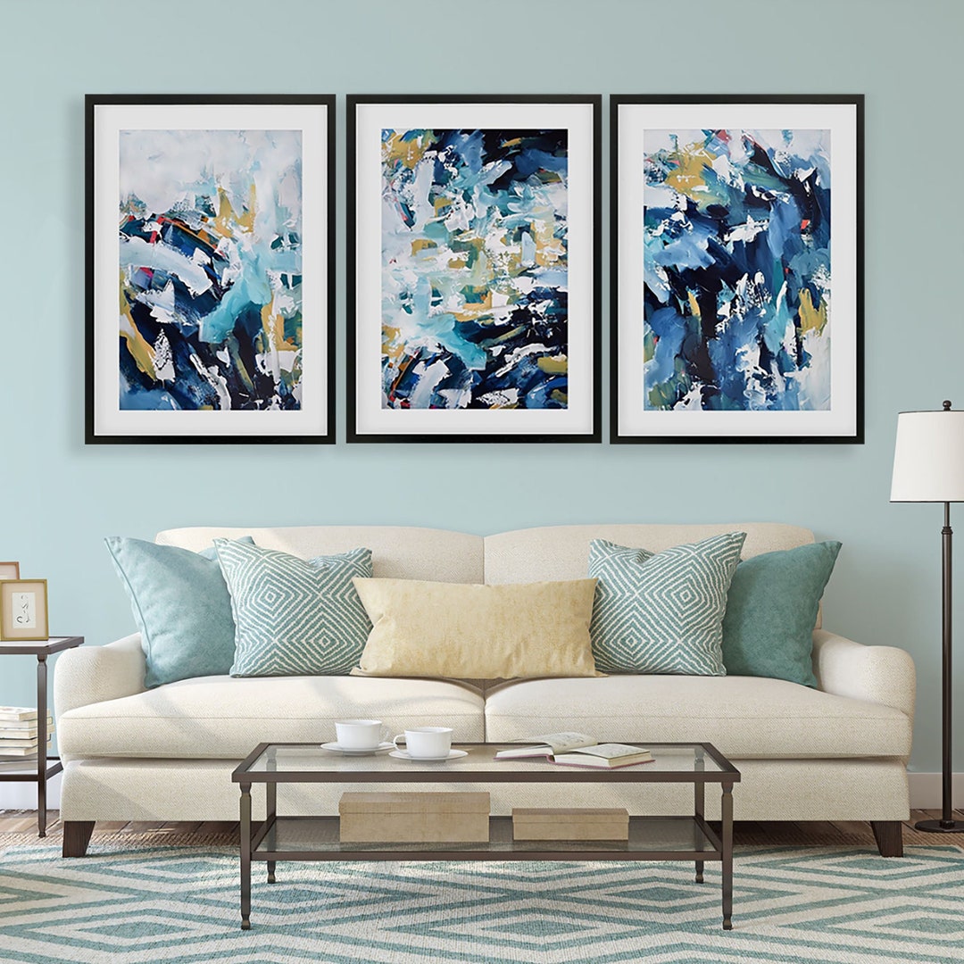 SET OF 3 Framed Art Abstract Print Wall Art, Large Wall Art, Blue ...