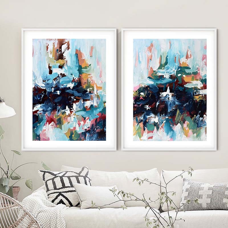 Large Framed Wall Art. Set Of 12 Abstract Prints. Colourful Wall Art. Teal,  Blue, White Abstract Framed art. Original Poster Print Set Of Two