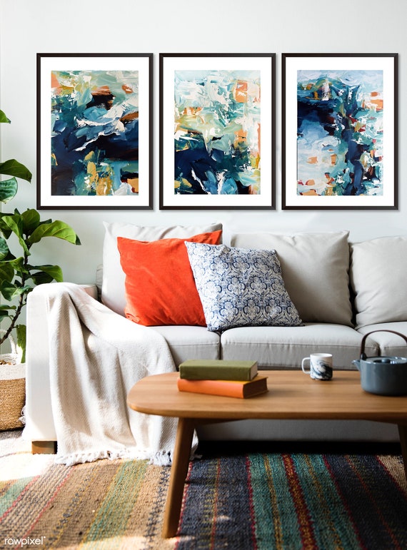 Set Of 3 Framed Art Abstract Print Wall Art Large Wall Art Blue Abstract Print Living Room Art Print From Painting Art Print Set Of Three