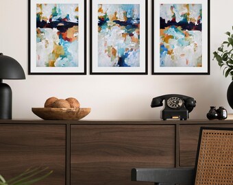 Large SET OF 3 Framed Art Abstract Print Wall Art, Golden Horizon, Abstract Print Large Abstract Art Print from Painting Modern Art