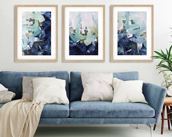 Large Set Of 3 Framed Prints Bright Abstract Wall Art, Large Art, Blue Abstract Print Large Abstract Art Print from Painting Living Room Art