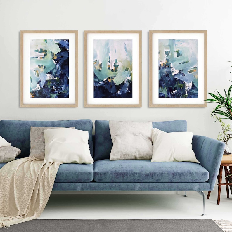 Large Set of 3 Framed Prints Bright Abstract Wall Art, Large Art, Blue ...