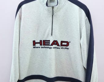 Vintage Head Long Sleeve Embroidered Big Spell Out Half Zip Up Sportswear Streetwear Round Neck Pull Over Sweatshirt Size L