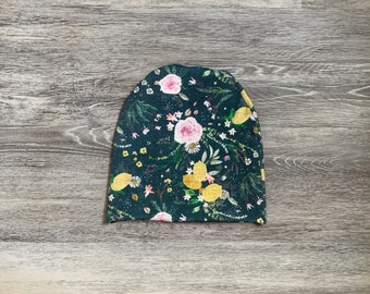 Slouchy toddler beanie, peony and lemon print beanie, baby hat, slouchy beanie