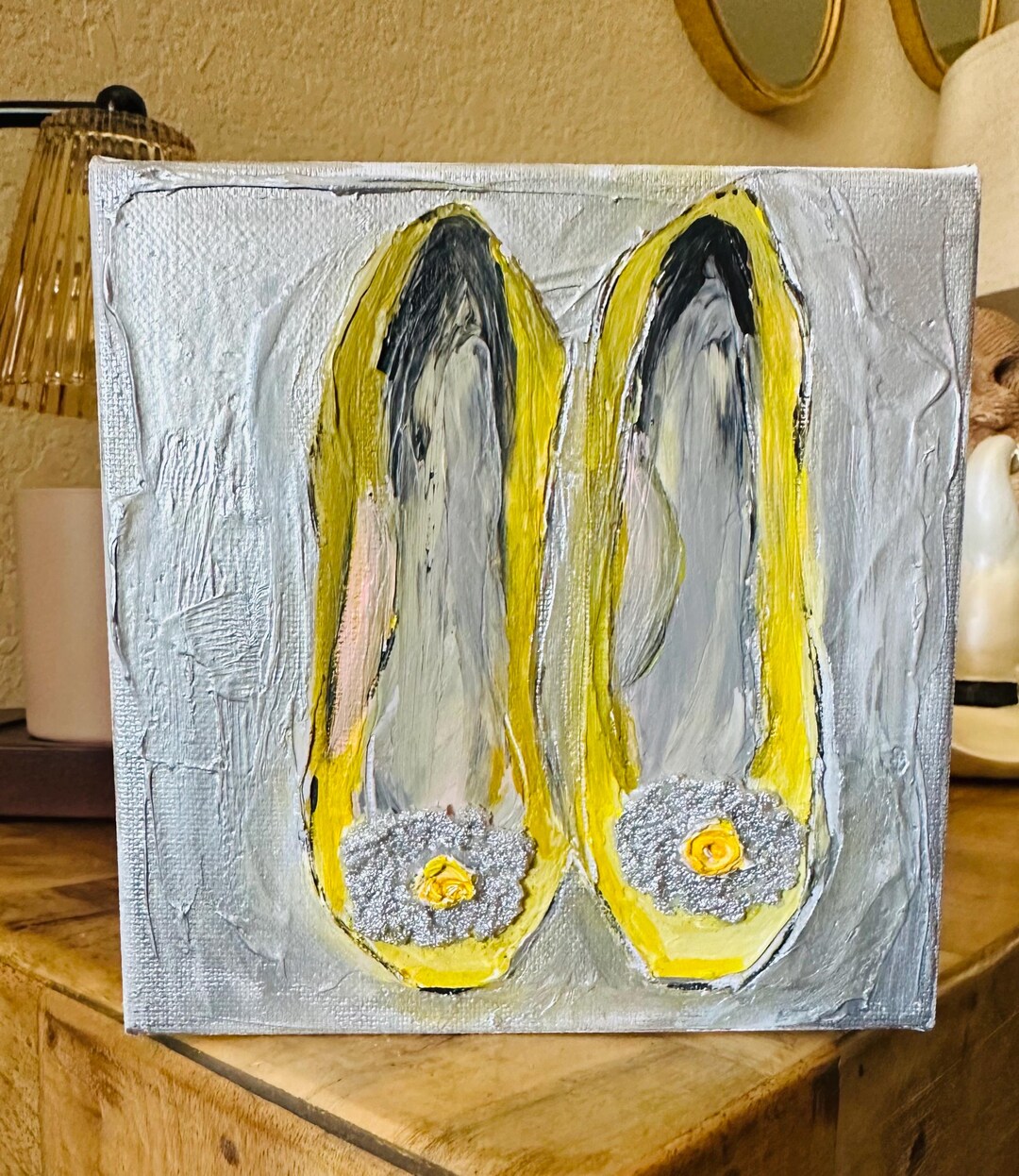 Abstract Fashion Art, Abstract High Heels, 6x6” Canvas Painting, Yellow ...