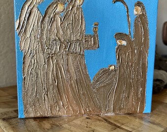 Modern Abstract Nativity, Nativity painting, 8x8” Canvas Art, Christmas Decor,Original Holiday Painting, Blue, Gold