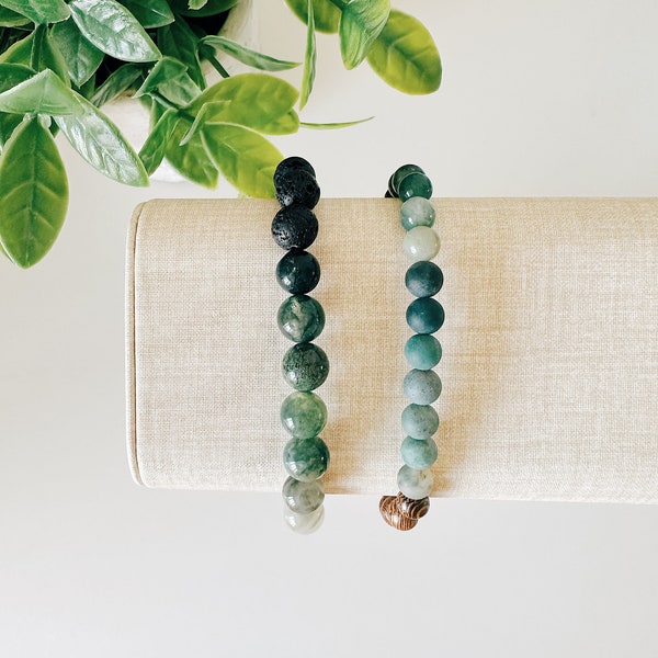 Moss Agate Ombre gemstone beaded bracelet, Lava bead essential oil diffuser bracelet, bohemian wood bead stacking bracelets,