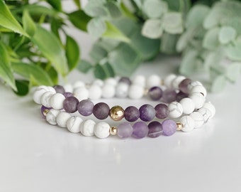 Amethyst and Howlite gemstone beaded bracelet, Gold bead bracelet, bracelets for women, February birthstone jewelry, gift for her