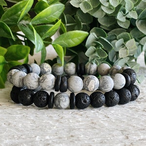 Bracelet perlé de jaspe gris homme | Bracelet perles de lave noire | bracelet pour homme | cadeau pour lui