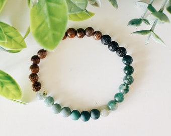 Mens beaded bracelet, man stretch bracelet, 6mm green moss agate gemstone bracelet, Lava bead diffuser bracelet, wood bead bracelet for him