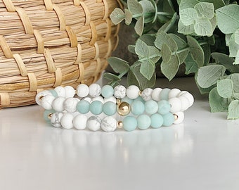 Amazonite and Howlite gemstone beaded bracelet, Gold bead bracelet, bracelets for women, gift for her, mothers day gift