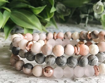 Pink Zebra Jasper gemstone bead bracelet set, 6mm Rose