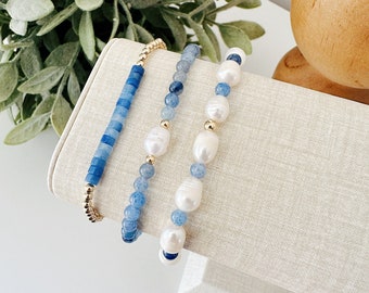 Blue Aventurine gemstone and Fresh Water Pearls and 14k Gold Filled Beaded Bracelet set,  pearl bead layering bracelet, Gift for her