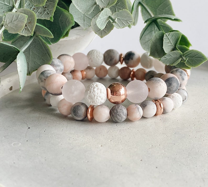 Pink Zebra Jasper and Rose Gold gemstone beaded bracelet, Rose Quartz, Crystal jewelry, bead bracelets for women, diffuser bracelet 