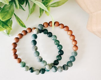 Mens green moss agate gemstone beaded bracelet set, Sandal Wood bead bracelet for men, gift for him