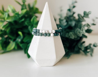 Moss Agate gemstone + silver  beaded bracelet set, lava bead, essential oil diffuser jewelry, stacking bracelets, gift for her