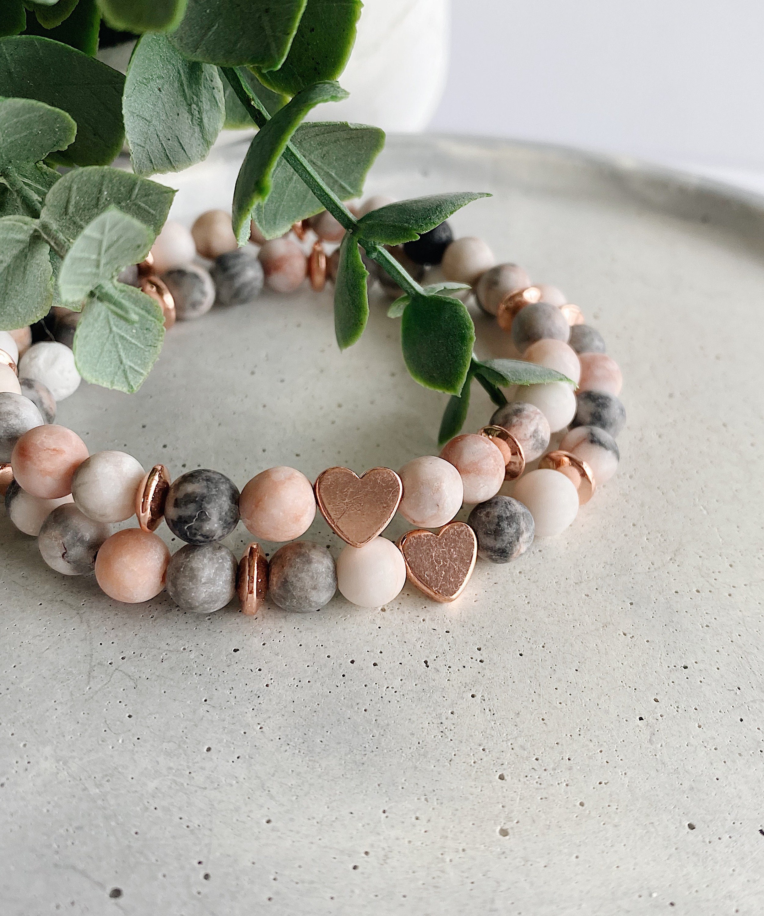 Pink Zebra Jasper Gemstone Beaded Bracelet Rose Gold Heart
