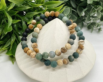 Green Moss Agate and Jasper gemstone beaded bracelet, lava stone diffuser bracelet, essential oil bead bracelets for women