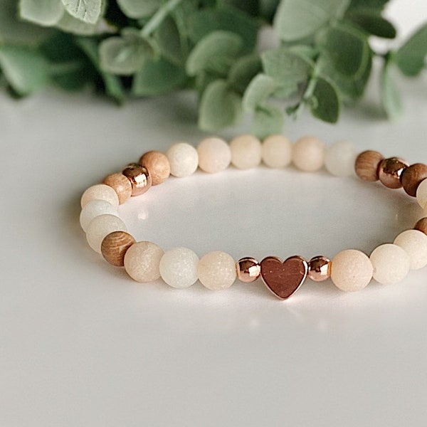 Dainty gemstone bead bracelet, rose gold heart bracelet, rosewood diffuser beaded bracelet, handmade jewelry
