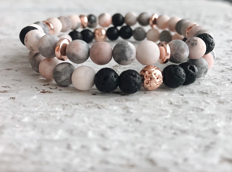 Pink Zebra Jasper Gemstone Beaded Bracelet Set Rose Gold Etsy