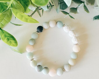 Amazonite Gemstone + Silver Beaded Bracelet, Lava Rock Diffuser Bead Bracelet, Summer Jewelry, Beach + Travel accessories