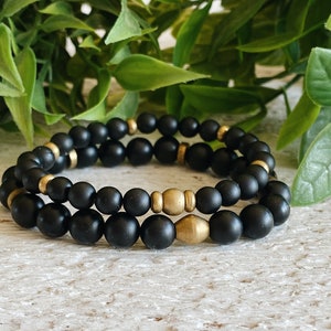 Mens Black Onyx gemstone beaded bracelet, black stretch bead bracelet set, bracelets for men, gift for him