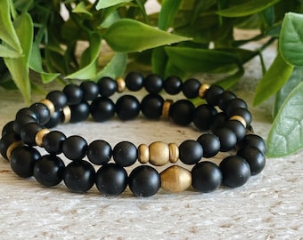 Mens Black Onyx gemstone beaded bracelet, black stretch bead bracelet set, bracelets for men, gift for him