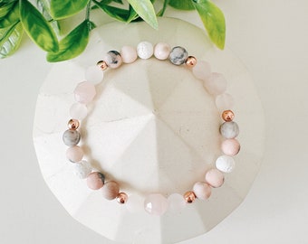 Rose Quartz + Pink Zebra bead gemstone bracelets, rose gold beaded bracelet, lava bead, essential oil diffuser bracelet, bead jewelry