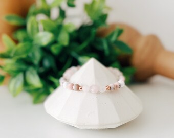 Rose Quartz + Pink Zebra bead gemstone bracelets, rose gold beaded bracelet, lava bead, essential oil diffuser bracelet, bead jewelry