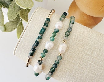 Jade gemstone and Fresh Water Pearls and 14k Gold Filled Beaded Bracelet set,  pearl bead layering bracelet, Gift for her, mothers day