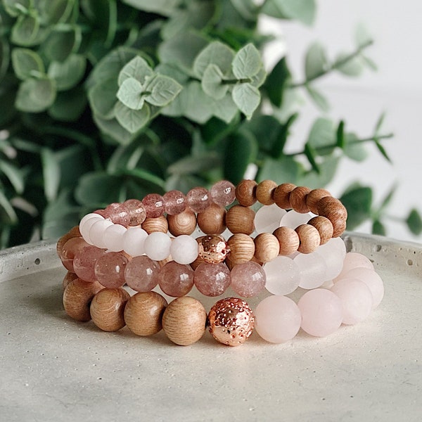 Rose Quartz gemstone + Rosewood + Rose Gold beaded bracelet set, stacking set, wood bracelets, diffuser bracelet, Crystal jewelry