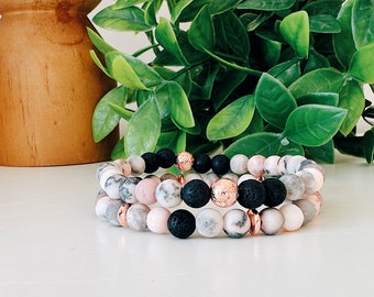 Pink Zebra Jasper gemstone beaded bracelet set, Rose Gold bead stretch bracelet, lava rock essential oil diffuser jewelry