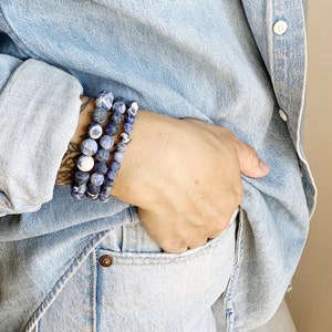 Blue Sodalite gemstone beaded bracelets, Lava rock bead stretch bracelet stack, gift for her, 6mm 8mm 10mm bead stacking bracelet set,