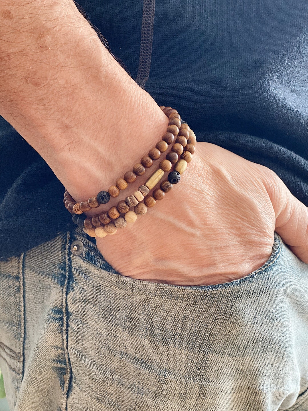 Mens Jasper Gemstone Wood Beaded Bracelet Set, Bead Bracelets for Men