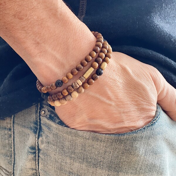 Mens Jasper Gemstone + Wood beaded bracelet set, bead bracelets for men, gift for him, lava stone bead bracelet, man bracelet , fathers day