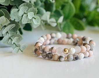 Pink Zebra Jasper and Rose Quartz 6mm gemstone beaded bracelet set, Crystal jewelry, gold bead bracelets for women, diffuser bracelet, gift