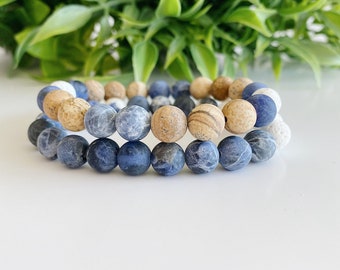 Ensemble de bracelets de perles de sodalite bleue + jaspe 8 mm, bracelet de pierres précieuses, pierre de lave, huile essentielle, bijoux diffuseur, bracelet de perles