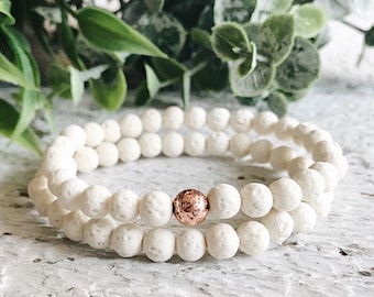 White Lava rock bead bracelet, essential oil diffuser bracelets, Rose gold lava beaded bracelet, lava stone aromatherapy jewelry