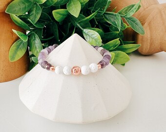 Amethyst gemstone + rose gold beaded bracelet, lava rock bead essential oil diffuser bracelet, handmade jewelry, minimalist jewelry gift