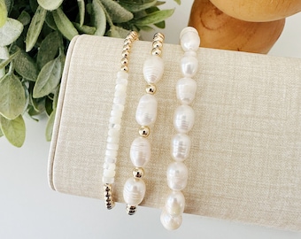 Fresh Water Pearls and 14k Gold Filled Beaded Bracelet set,  pearl bead layering bracelet, Gift for her, wedding jewelry, bridesmaid gifts