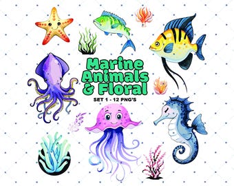Marine Animals & Floral Clipart Set 1 - Underwater Sea Life, Ocean Animal Clipart,  Wall Art Printable, Planner Sticker, Sea Animals Clipart