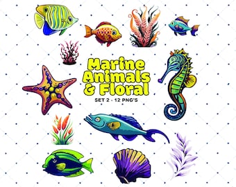 Marine Animals & Floral Clipart Set 2 - Underwater Sea Life, Ocean Animal Clipart,  Wall Art Printable, Planner Sticker, Sea Animals Clipart
