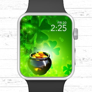 May include: A smartwatch with a green background featuring shamrocks and a pot of gold. The time is 2:25 and the date is FRI 20.