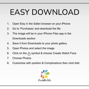 Puede incluir: Un fondo blanco con texto negro que describe ocho pasos sobre c&oacute;mo descargar una imagen de Etsy a tu iPhone y usarla como esfera de reloj. El texto incluye las palabras "Easy Download", "Open Etsy", "Safari browser", "Purchases", "iPhone Files app", "Downloads", "Photos", "Create Watch Face", "Customise", "Complications", y "Add".