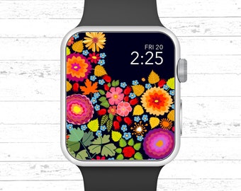 Apple Watch Wallpaper, Bright Hand Drawn Flowers on Black Background Apple Watch Face Design