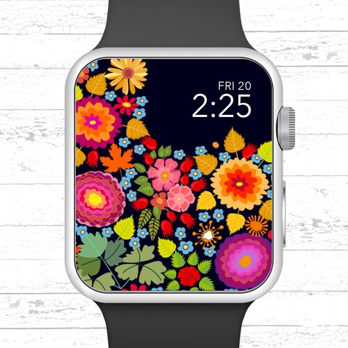 Apple Watch Wallpaper Bright Hand Drawn Flowers On Black Etsy Apple Watch Wallpaper Bright Hand Drawn Flowers On Black Etsy